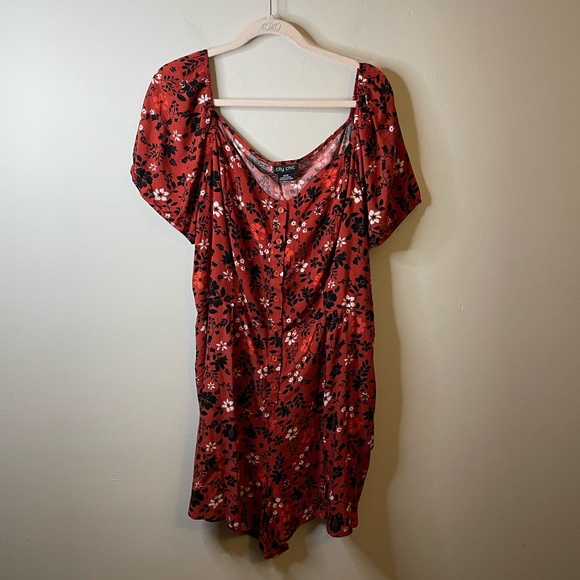 City Chic Pants - City Chic Island Ditsy Floral Puff Sleeve Button Front Rust Playsuit Romper